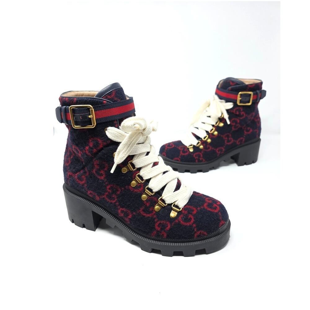 Gucci Combat Ankle Monogram GG Logo Platform Boots Navy Red Lace-Up 37.5 7.5